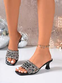 Fashionable High Heel Slides Summer New Square Toe Rhinestone Sexy Kitten Heel. Suitable For Party, Wedding, Vacation, Gathering, Date, Outdoor Wear, Open Toe, Elegant, Holiday, Versatile - Black - View 6