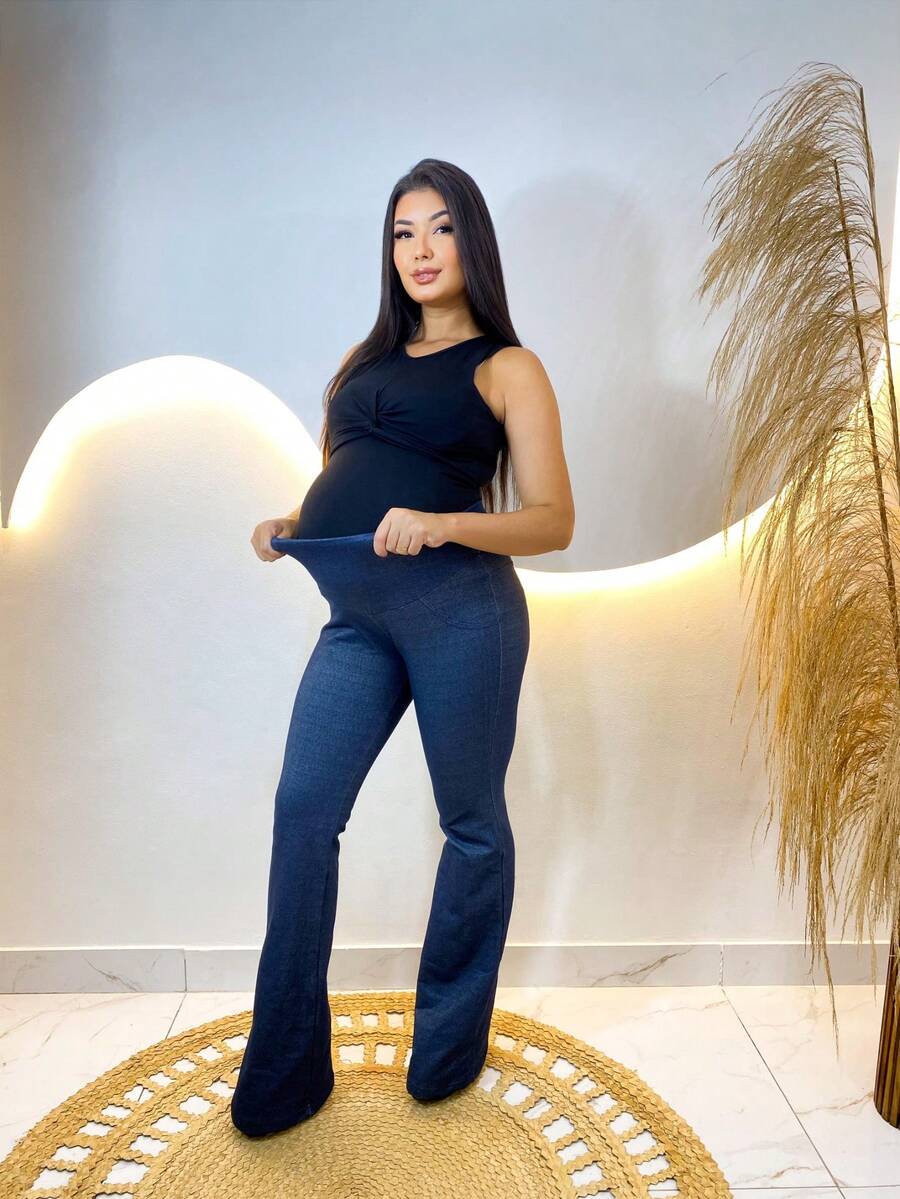 Calça Flare Coton Jeans Confortável Para Gestante - Azul Marinho - Visão 1