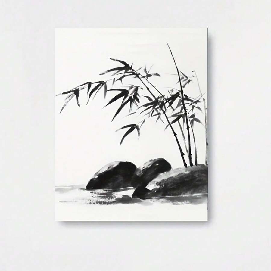 Cuadro 2D Plano, Moderno y Minimalista de Pintura China a Tinta en Blanco y Negro - Estilo de Caligrafía Asiática Tradicional Negro y Rocas, Marco de Madera Envuelto, Paleta Neutra para Sala de Estar, Dormitorio, Decoración de Oficina en Casa - Elegante Póster Listo para Colgar, Decoración de Pared para Sala de Estar, Arte de Pared Grande con Marco, Decoración y Accesorios para Sala de Estar, Decoración de Arte de Pared para Sala de Estar, Cuadro para Pared de Sala de Estar, Arte de Pared con - Enmarcado - Ver 1