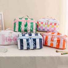 Personalized Striped Colorblock Cosmetic Bag, Pillow Shape Makeup Organizer With Zipper, Portable Travel Toiletry Bag, Open Flat Toiletry Bag, Gift - Multicolor - View 8