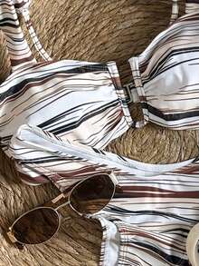 2 pièces Ensemble de Top de maillot de bain à bretelles larges et bas de bikini rayé élégant, col en U et dos nu. Pour la plage, la piscine, les sports nautiques, les vacances d'été - Multicolore - Voir 6