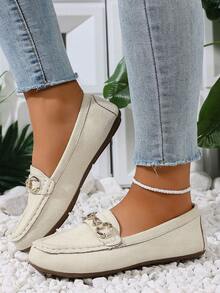 Women's Summer New Flat Loafers, Metal Buckle Decor, Fashion Versatile Slip-On, Comfortable For Casual, Travel, Vacation Wear - Off White - View 3