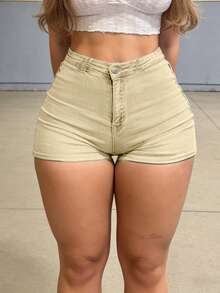 Comfortable Women's Denim Shorts With Straight Leg Fit Medium Stretch Fabric Button And Zipper Closure Short Length - 杏色 - 查看 5