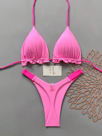 Geometric & Tropical Floral Print Casual Cute Elegant Sexy Bohemian Style Tie-Up Bikini Swimsuit Set For Women, Spring/Summer Beach Holiday