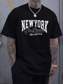 Camisetas de verano: Camiseta de manga corta para hombre con estampado de letras de Nueva York, ideal para un look casual y perfecta para actividades al aire libre, camiseta de algodón de talla grande. - Negro - Ver 1