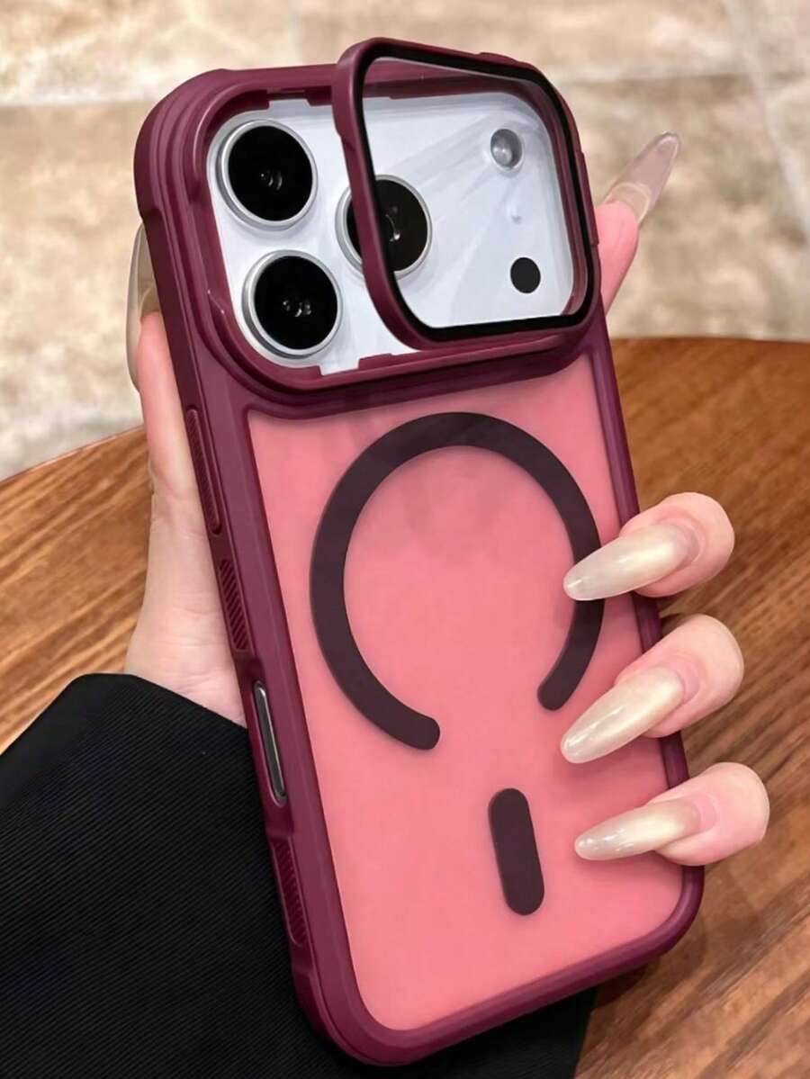Magnetic Luxury Lens Frame Holder Magnetic Phone Case For IPhone 17 Pro Max 17 16 15 14 Plus 13 12 Pro Max 11 Wireless Charging Anti-Fall Armor Protective Cover With Lens Glass - Burgundy - View 1