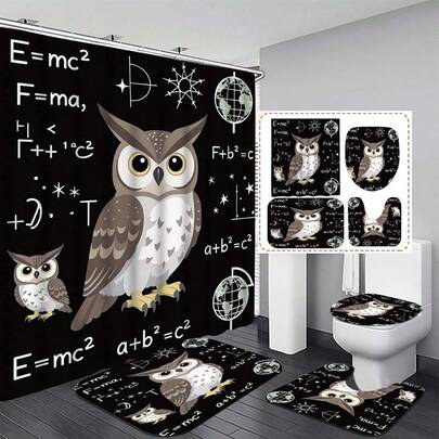 Bộ 4 rèm tắm in hình động vật hoạt hình - Thiết kế hình cú đêm, nền đen, chi tiết đường nét tinh tế, rèm ngăn bồn tắm 70.8x70.8 inch kèm 12 móc, chất liệu polyester có thể giặt, trang trí nhà cửa, rèm tắm phòng tắm, phụ kiện phòng tắm thời trang, trang trí phòng tắm trang nhã, rèm tắm bền.