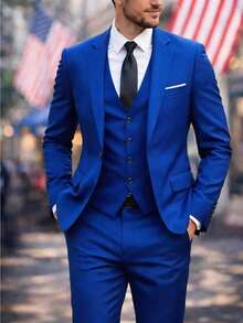Men's Slim-Fit Three-Piece Suit With Notch Lapels - Xanh đậm - Xem 1
