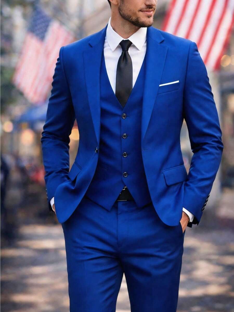 Men's Slim-Fit Three-Piece Suit With Notch Lapels - Xanh đậm - Xem 1