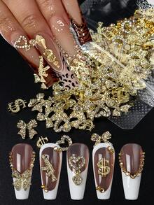美甲飾品 金色金屬合金槍心美金蝴蝶結設計 水鑽鋼珠 Y2K 美甲藝術配件 美甲用品 - 彩色 - 查看 1
