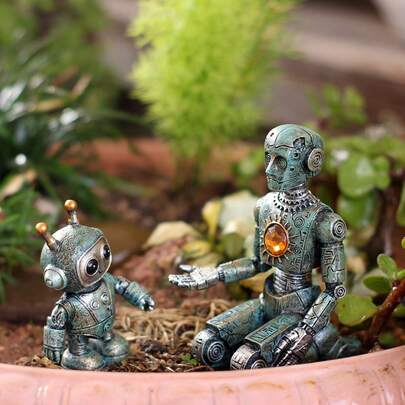 1 Set Resin Robot Collectible Figurines, Outdoor Garden Bonsai Lawn Balcony Decor, Creative Bookshelf Window Display Statuette, Home Office Desk Decoration, Mechanical Theme Art, Unique Gift For Garden Party, Christmas