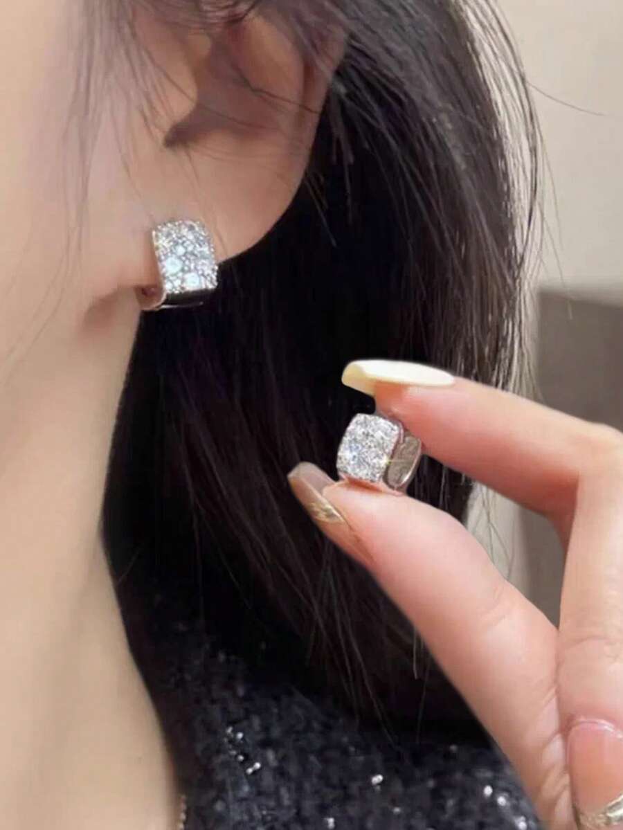 1 Đôi bông tai thời trang thanh lịch, nhỏ nhắn, thiết kế hình vuông hình học, đính đá pha lê, đa năng dành cho nữ - Bạc - Xem 1