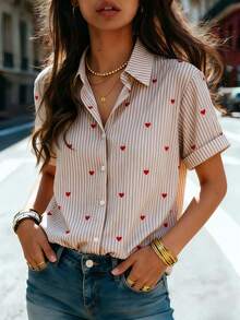 Women's Short Sleeve Striped Shirt With Heart Print Pointed Collar - Casual Elegant Office Commute Daily Wear, Spring/Summer - Brown Short-sleeved Shirt - View 2