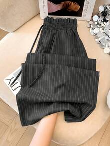 Pantalones a rayas de tiro alto con cordón y botones delanteros, elegantes y casuales, adecuados para primavera, verano y otoño - Gris Oscuro - Ver 3