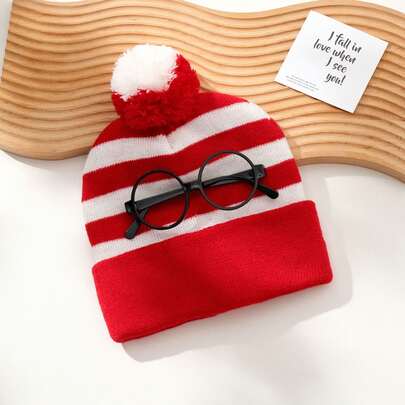 Warm Red & White "Where's Wally?" Knit Hat And Frameless Glasses, Role Play Game, Holiday Party Gift, Winter Unisex Valentine's Day Christmas Hat