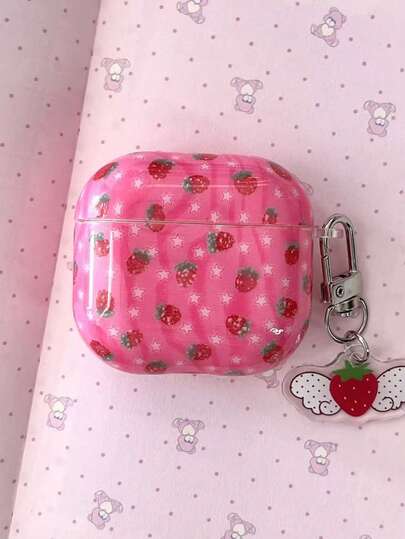 Funda protectora suave de color rosa con decoración de fresa, adecuada para auriculares inalámbricos Bluetooth Pro 3 2, para niñas