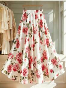 Women's Elegant Commuter Romantic Big Floral All-Over Print Pleated A-Line Skirt - Multicolor - View 2