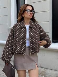 Women's Brown Polka Dot Zip Pocket Jacket - Casual Loose Lapel Spring/Autumn Coat - Brown - View 2