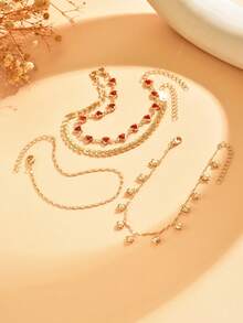 4pcs/Set Fashionable Multi-Layer Gold Tone Anklet Set With Red Heart & Tassel Charms, Suitable For Daily, Party, Beach Vacation Wear. Handmade Chains Can Be Customized In Length And Bead Count - Multicolor - View 3