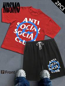 KOSMO  2-Pack, Unisex, Ideal Gift For Mother's Day, Juneteenth, Independence Day And The World Cup--Anti Social Club Logo Print T Shirt Streetwear Style Graphic Tee For Men Casual Wear Urban Outfit Hip Hop Culture Inspired Top - 黑色 - 查看 1