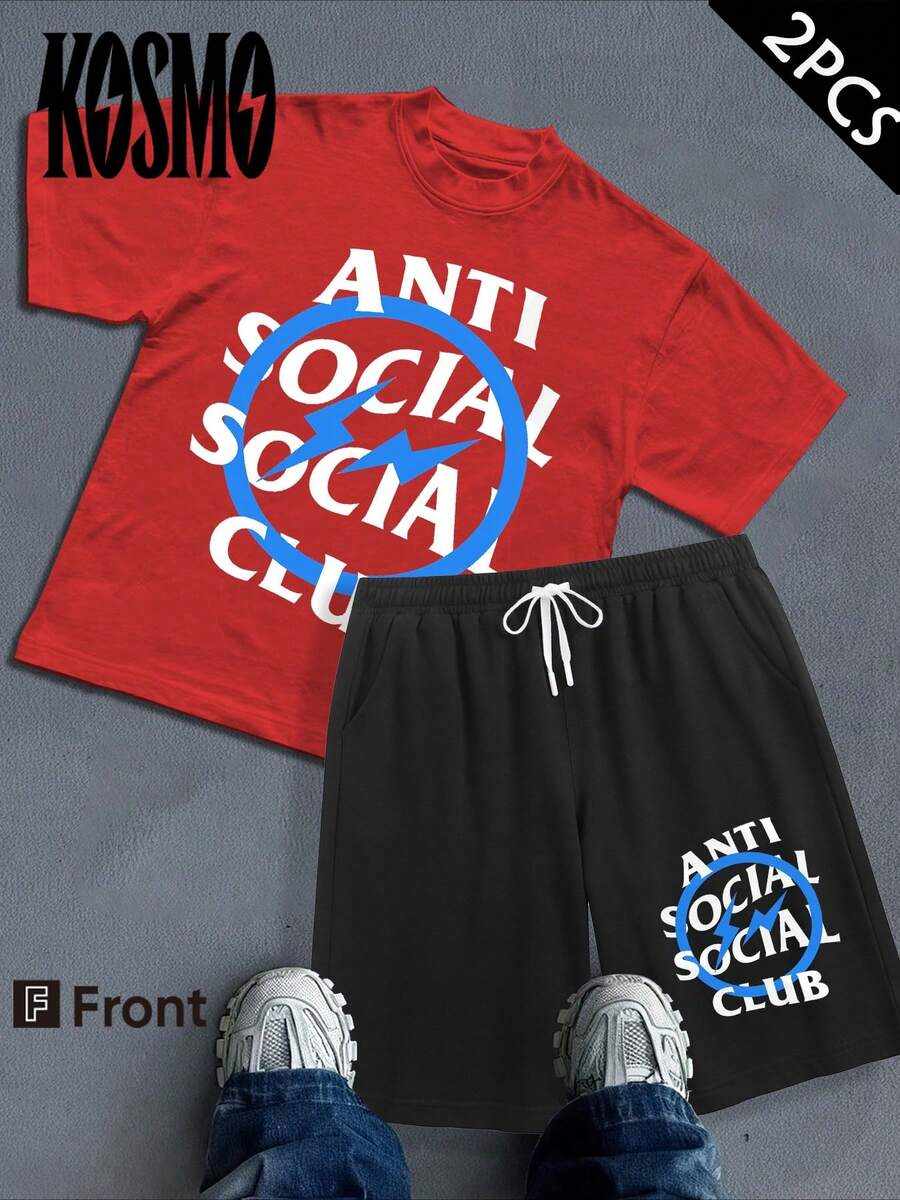 KOSMO  2-Pack, Unisex, Ideal Gift For Mother's Day, Juneteenth, Independence Day And The World Cup--Anti Social Club Logo Print T Shirt Streetwear Style Graphic Tee For Men Casual Wear Urban Outfit Hip Hop Culture Inspired Top - 黑色 - 查看 1