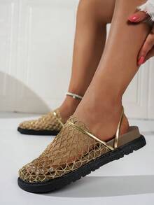 Sandal đế dày lưới mùa hè mới dành cho nữ, giày đi biển đế xuồng dày dặn cá tính, sandal lưới thoáng khí. - Vàng - Xem 4