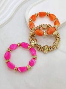 Juego de 3 pulseras de mujer de estilo bohemio vintage, gruesas, multicapa, de cuentas acrílicas multicolor y piedra triturada dorada - Multicolor - Ver 4