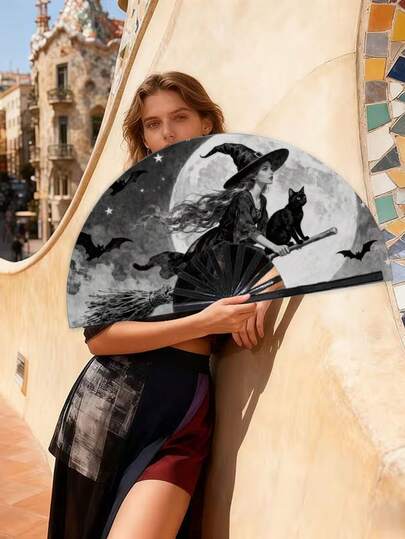 1 szt. Męski wentylator ręczny | Materiał, Wzór z ilustracją czarownicy i czarnego kota, Magiczny i upiorny styl, Nadaje się do codziennego użytku, aktywności na świeżym powietrzu, Letnie chłodzenie, Stylowy dodatek dla mężczyzn, Na Halloween, Bez baterii