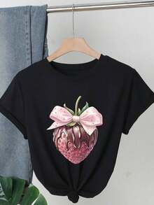 1 pcsCamiseta casual de mujer con estampado de fresa y lazo, cuello redondo, manga corta, tela con estiramiento medio, detalles de aplicación, lavable a máquina para todas las estaciones, camiseta gráfica alegre, camiseta con estiramiento medio, producto con tema de fresa, negro, verano180g 100% Cotton - Negro - Ver 7