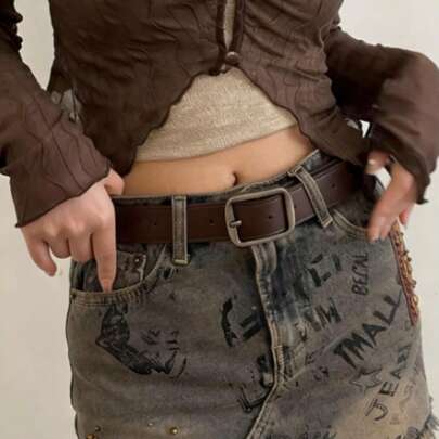 1pc Women's Coffee Color Stitching Silver Arched Buckle PU Leather Belt