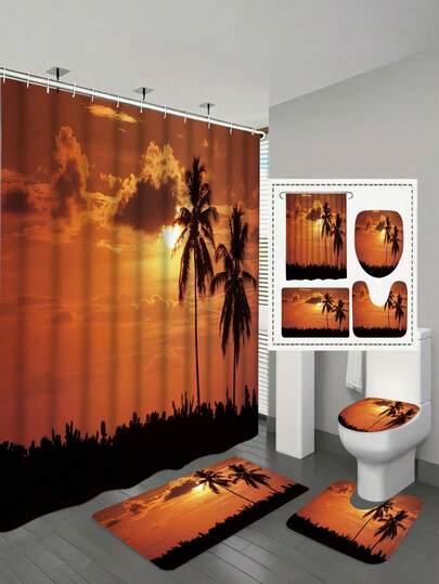 Bộ 4 món gồm rèm tắm phong cảnh hoàng hôn, rèm chống thấm nước kèm 12 móc, thảm tắm, tấm lót hình chữ U, nắp bồn cầu, bộ trang trí phòng tắm, kích thước 180*180cm, nhiều kích cỡ khác nhau, phụ kiện phòng tắm.
