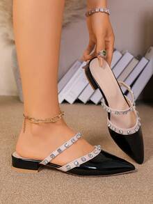 Women's Mule Slippers, Pointed Toe, Low Heel, Rhinestone Decor, Suitable For Dresses And Skirts, Summer - Black - View 2