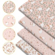 Bộ 4 mảnh vải chần bông in hình thỏ dễ thương - Kích thước 18x22 inch (55x45cm) - Vải polyester cắt sẵn với họa tiết thỏ, cành hoa và lá - Thích hợp cho may vá DIY, làm sổ lưu niệm, khăn trải bàn và các sản phẩm thủ công. - Thỏ - 4 con - Xem 1