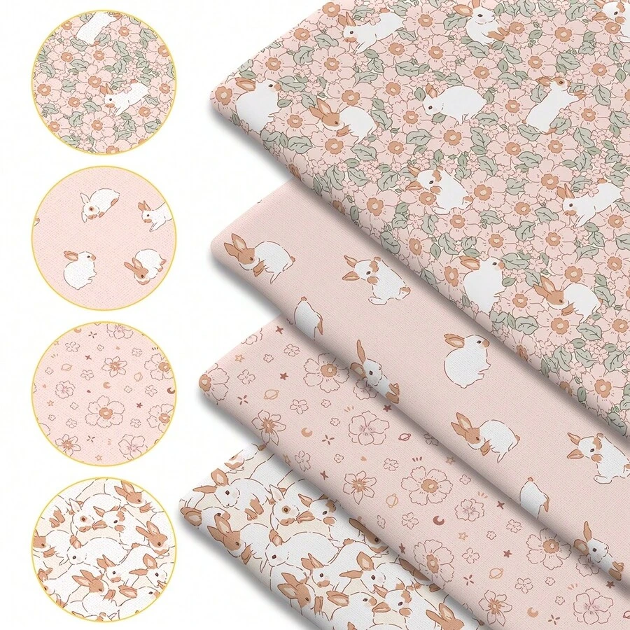 Bộ 4 mảnh vải chần bông in hình thỏ dễ thương - Kích thước 18x22 inch (55x45cm) - Vải polyester cắt sẵn với họa tiết thỏ, cành hoa và lá - Thích hợp cho may vá DIY, làm sổ lưu niệm, khăn trải bàn và các sản phẩm thủ công. - Thỏ - 4 con - Xem 1