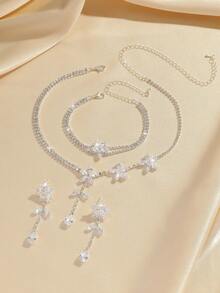 4 pièces Ensemble de collier, bracelet et boucles d'oreilles fleur de zircone de luxe, design exquis convenant pour le port quotidien, les mariages, les fêtes, les vacances et les cadeaux pour femmes - Argent - Voir 3