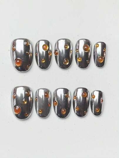 10pcs Pure Handmade Press On Nails Medium Nails Oval Nails With A Mirror-Like Silver Base, Decorated With Three-Dimensional Amber-Colored Drops, It Is Both Stylish And Upscale, And Is Unique And Not Easily Duplicated.Gentle Elegant Cute Nails For Ladies And Girls Spring Summer Fall Winter Festivals Parties And Daily Life Use
