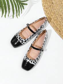 JiaYunNvXie Square Toe Mary Jane Flats, Leopard Print Patchwork, School Girl Uniform Style Leather Shoes, Glossy Sexy Pumps For Women - Black and White - View 5