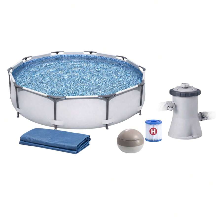 5 In 1 Steel Pro 10FT Frame Swimming Pool With Filter Pump, Cover And Chlorine Dispenser