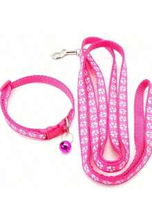 Juego de correa y collar con estampado de huella de perro lindo, hecho de polipropileno con campana, hebilla ajustable, de moda y hermoso, adecuado para perros pequeños y gatos, múltiples colores disponibles (color aleatorio) - Multicolor - Ver 9