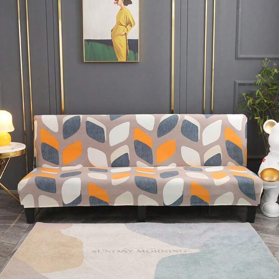 菱形几何图案沙发床罩，带裙边和松紧带，全包式聚酯纤维沙发罩，针织牛奶丝面料，四季皆宜 - 橘色 - 查看 1