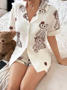 Dreamivo Conjunto de pijama de verano con diseño de oso, cómodo y suelto, con cuello polo, botones delanteros, bolsillo y mangas cortas, apropiado para primavera y otoño, para mujeres - Albaricoque - Ver 3
