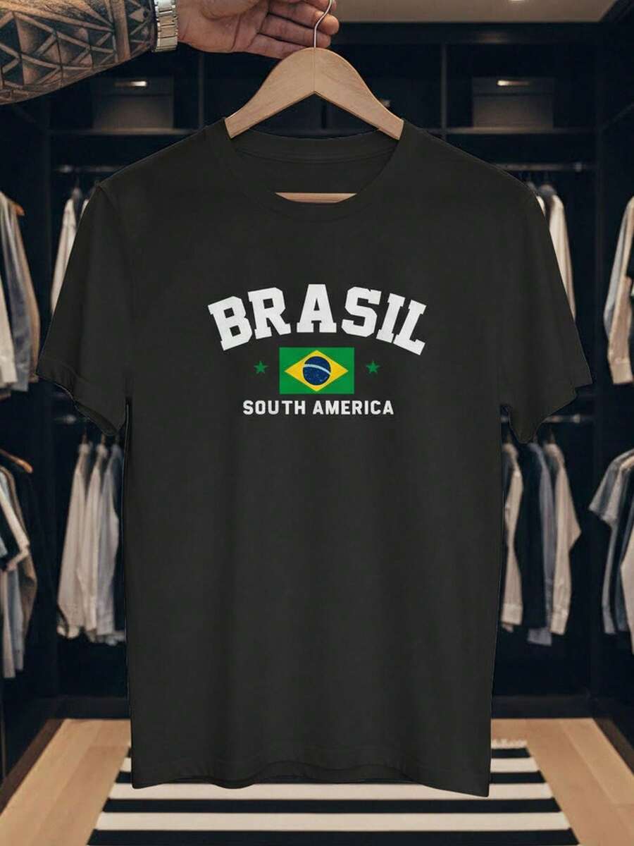 Stylish Sports T-Shirt For Fans Of The World Cup, National Football Team, Brazil, South America, Short Sleeve, Men's/Women's, 100% Cotton, Casual, Crew Neck - 黑色 - 查看 1