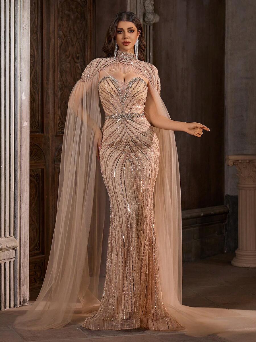 Vestido de noche de lujo de sirena color champán con chal desmontable decorado con flecos de perlas falsas, vestido de gala formal con lentejuelas geométricas, elegante vestido de noche largo para boda y fiesta