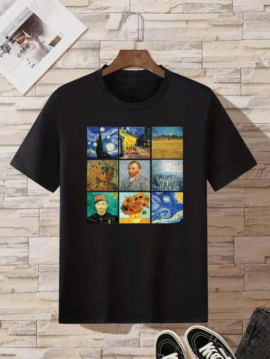 T-Shirt With Oil Painting Print - 黑色 - 查看 1