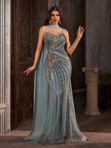 Captivant robe de soirée sirène asymétrique à fleurs et perles - Robe de soirée maxi scintillante avec châle dramatique de longueur plancher, robe de soirée formelle de luxe bleu ardoise pour mariage et fête - Bleu ciel - Voir 4