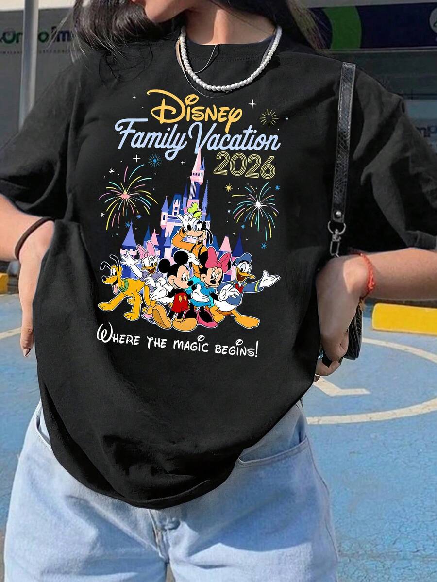 Unisex Round Neck Short Sleeve Cotton T-Shirt With Disney Family Vacation 2026 Print Casual Top Disney World Theme Park Tee - 黑色 - 查看 1