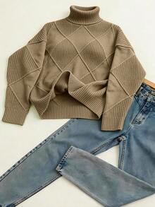 Women's Casual Plus Size Turtleneck Sweater, Autumn/Winter - Khaki - View 4