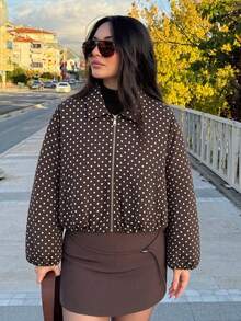 Women's Brown Polka Dot Zip Pocket Jacket - Casual Loose Lapel Spring/Autumn Coat - Brown - View 11