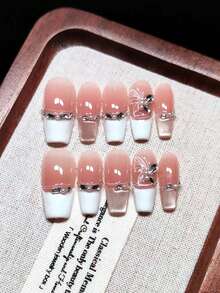 Uñas postizas medianas en forma de T hechas a mano, de color rosa nude con puntas francesas blancas, efecto ombré, puntas francesas de ojo de gato rosa, con purpurina fina de perlas, líneas blancas pintadas a mano, patrón de mariposa blanca, con cristales cuadrados y en forma de hoja con perlas blancas, brillantes y encantadoras, delicadas y elegantes, soñadoras y reutilizables - Rosa - Ver 4