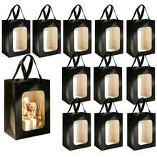 Túi quà màu đen có cửa sổ, kích thước 18*13*25cm, 4/8/12 túi, quai xách bằng satin, chất liệu bìa cứng dày, thích hợp cho đám cưới, sinh nhật, ngày lễ và quà tặng. - Xem 1